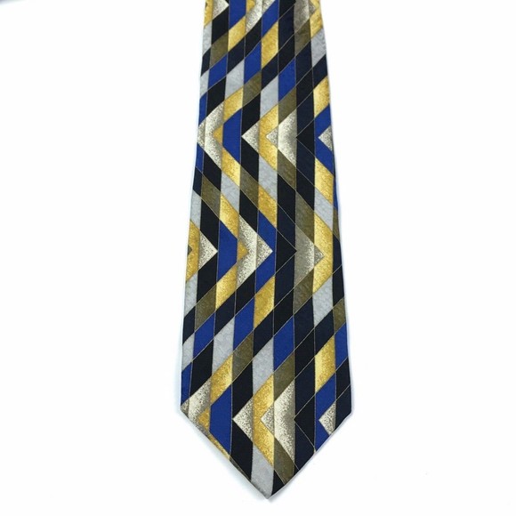 Elegant Striped Zig Zag Abstract Black Blue Yellow Gray 100% Silk Necktie ITALY - Picture 6 of 10